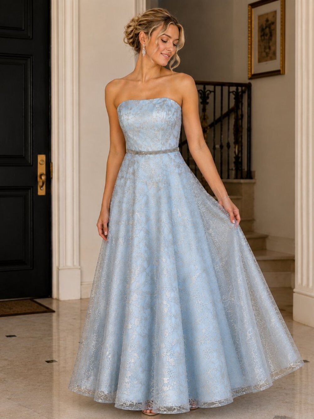 NWOT Camille La Vie Strapless Light Blue Silver Glitter A-Line Dress